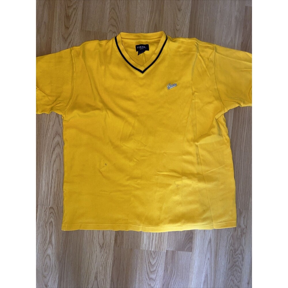 Guess Jeans Yellow V-Neck Short Sleeve Ribbed Shirt Size L
